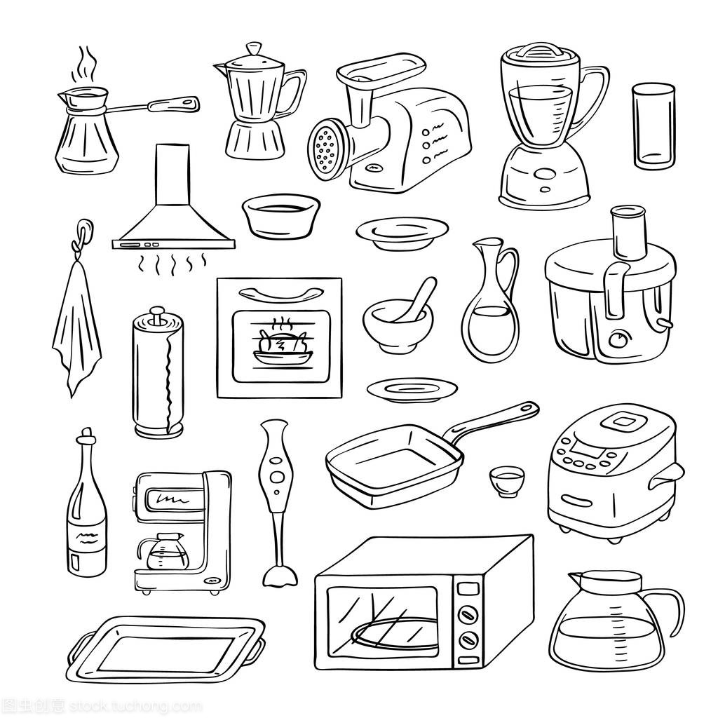 矢量手繪廚房用具涂鴉圖標(biāo)設(shè)置插圖